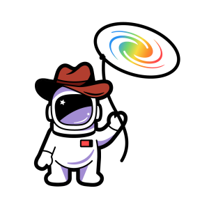 Our Redshift Wrangler logo: an astronaut wearing a cowboy hat and swinging a lasso with a galaxy inside it
